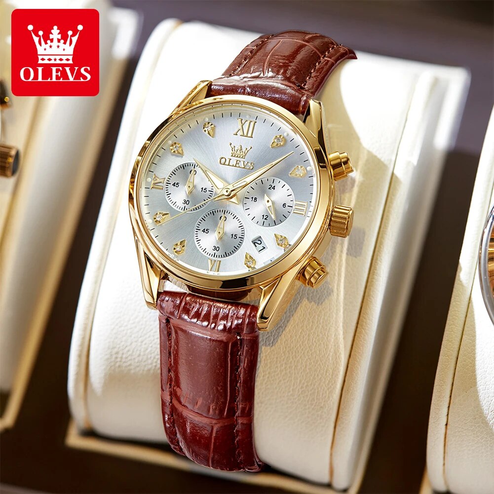 Luxury Watch Deals - Olevsレディース防水レザーストラップクォーツ時計、発光クロノグラフ、エレガントなレディース腕時計、高級品、5523