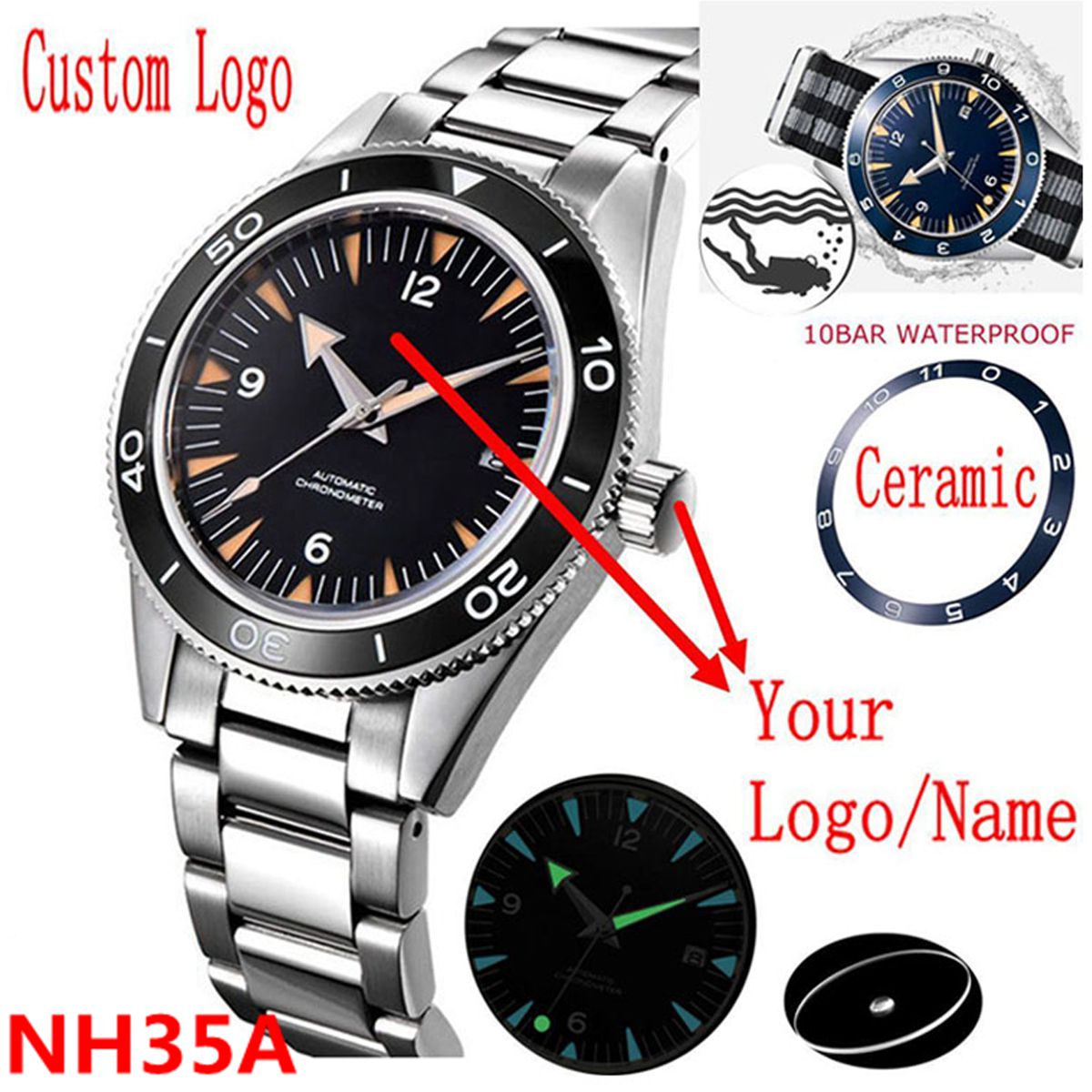 Luxury Watch Deals - カスタムロゴ NH35 ムーブメント腕時計 10bars メンズ 41