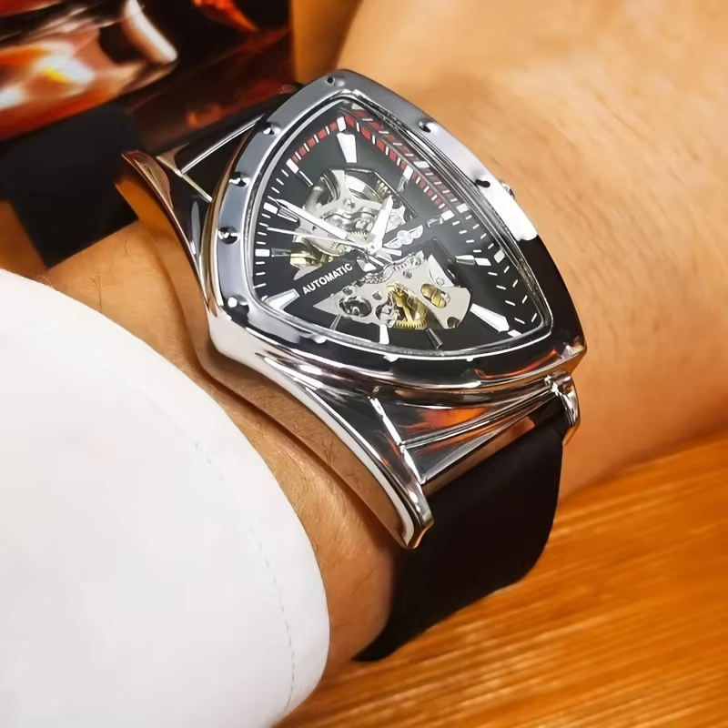 Luxury Watch With Rubber Strap - WINNER メンズ高級軍事機械式時計自動三角スケルトン発光針ファッションラバーストラップスポーツ腕時計