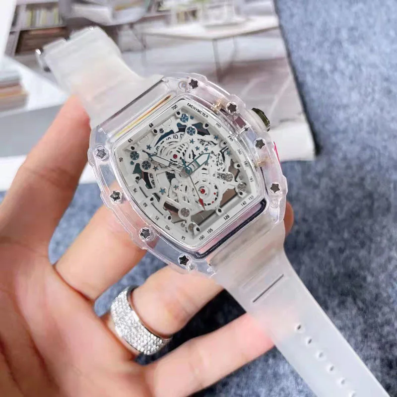 Luxury Watch With Rubber Strap - トノーファッションクォーツ腕時計メンズ透明形状カジュアル高級防水ラバーストラップ男性腕時計メンズ AAA 時計レロジオ
