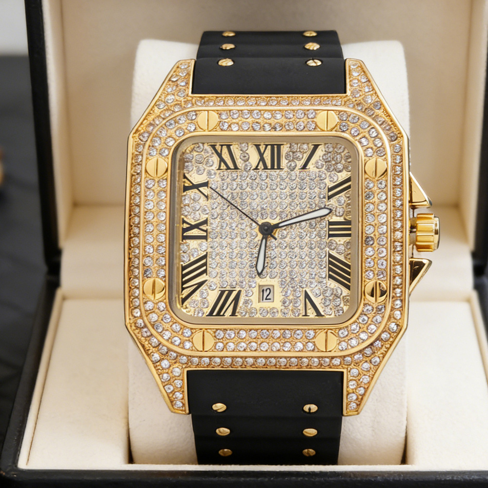 Luxury Watch With Rubber Strap - ヒップホップアイスアウトブリンブリンスクエアフルダイヤモンドクォーツ腕時計メンズホットファッションラバーストラップジュエリー腕時計男性用時計ドロップシッピング