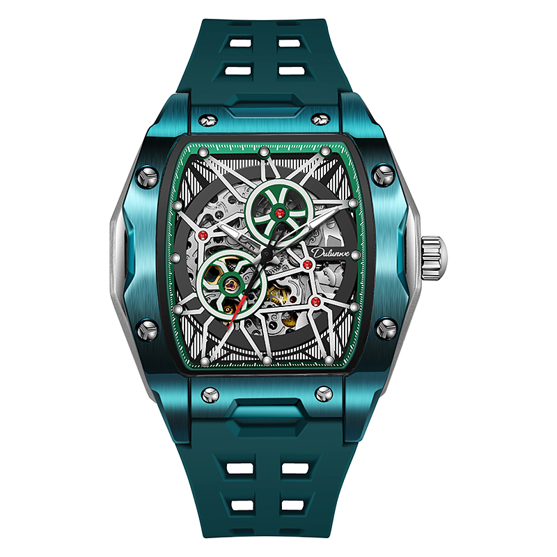 Luxury Watch With Rubber Strap - Dulunwe 高級グリーン自動機械式腕時計男性用中空防水発光ラバーストラップメンズ腕時計