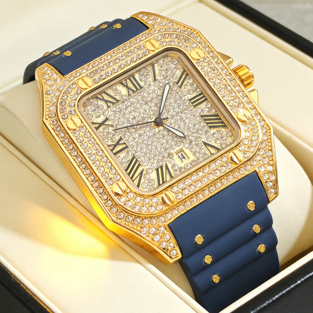 Luxury Watch With Rubber Strap - ホットファッションスクエアフルダイヤモンドクォーツ腕時計メンズラバーストラップヒップホップアイスアウトブリンブリンジュエリー腕時計男性用時計ドロップシッピング
