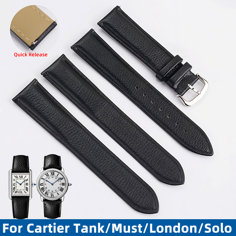 Cartier Watch Tank - 16/17/19/20/22/23 ミリメートルクイックリリース時計バンドカルティエタンクマストロンドソロソフト快適な本革時計ストラップブラック