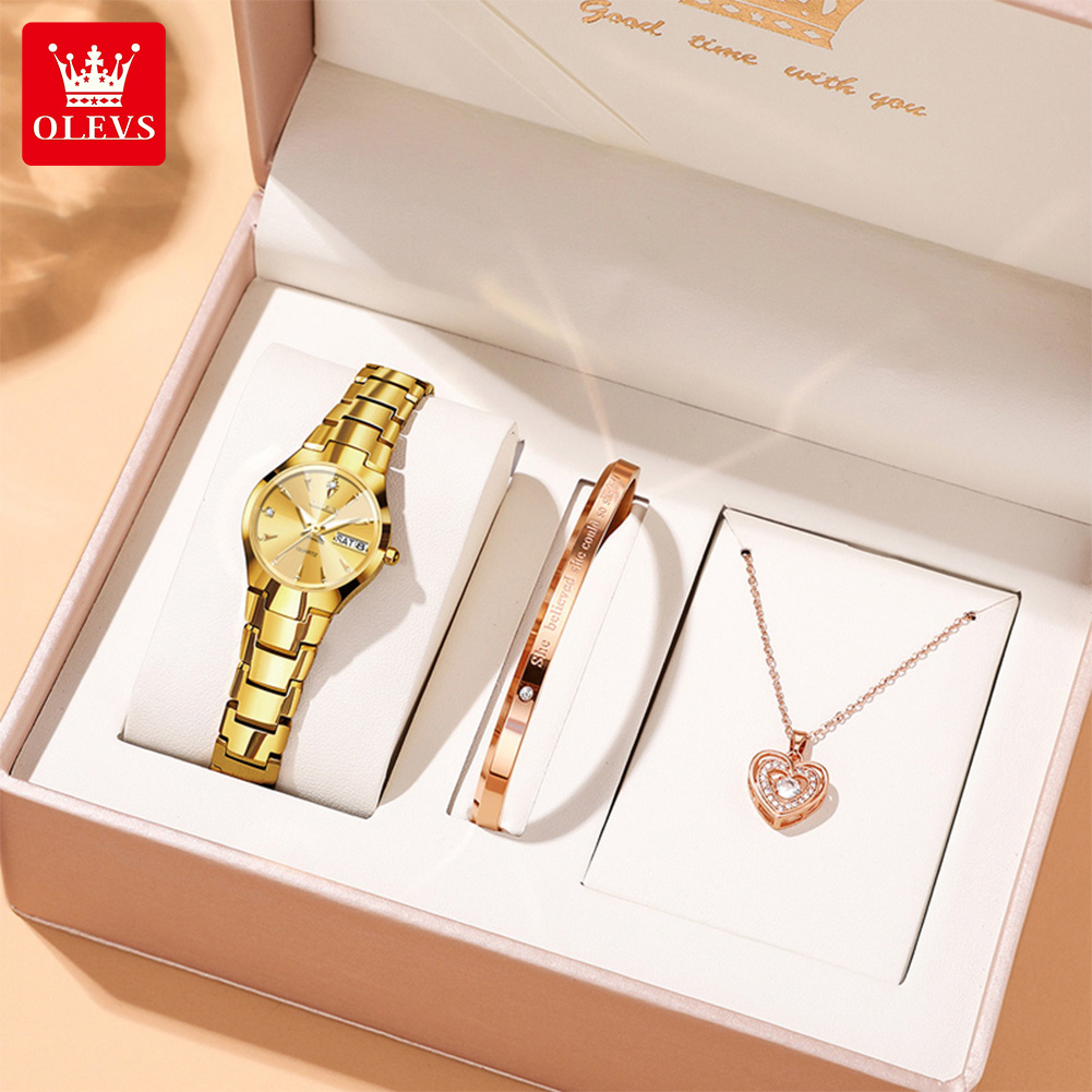 Ladies Luxury Watch - OLEVSレディース腕時計8697高級エレガントクォーツ腕時計防水タングステン鋼デイデイト腕時計女性用腕時計ブレスレットセット