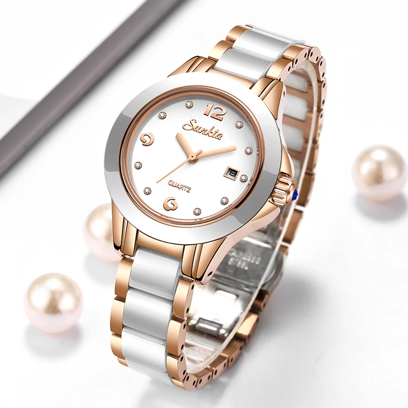 Ladies Luxury Watch - Sunkta ファッションカジュアルクォーツ女性腕時計エレガントな高級セラミックダイヤモンドカレンダー防水レディース女性用腕時計モントレファム