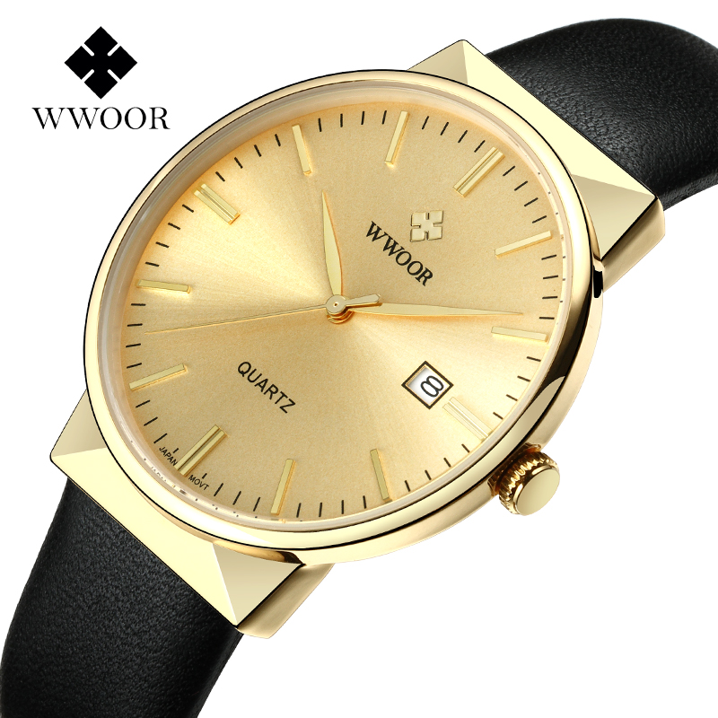 Luxury Watch Holder For Men - WWOOR メンズ腕時計トップブランドの高級防水本革腕時計メンズクラシックゴールドブラック日付クォーツ時計 saat erkek
