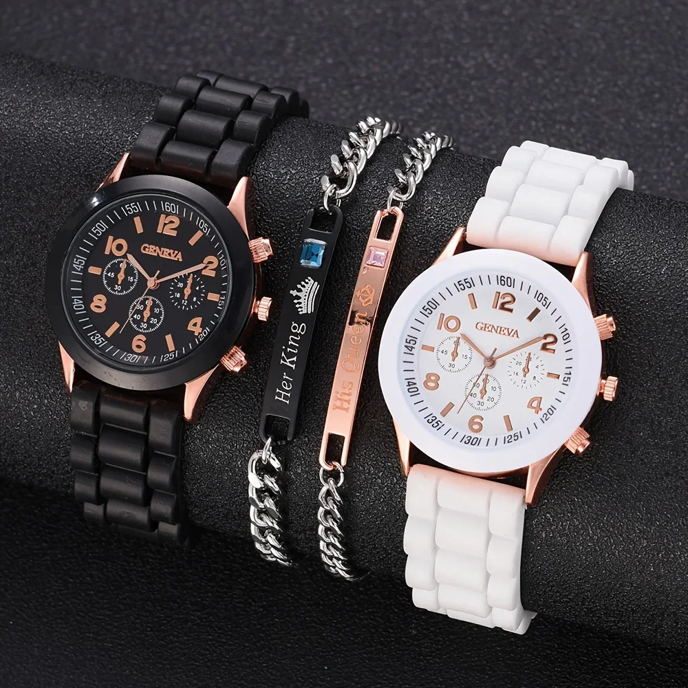 Luxury Watch With Rubber Strap - 2 個の高級レディース腕時計セットファッション高級エレガントな合金腕時計シリコーンストラップカップルウォッチメンズクォーツホリデーギフト