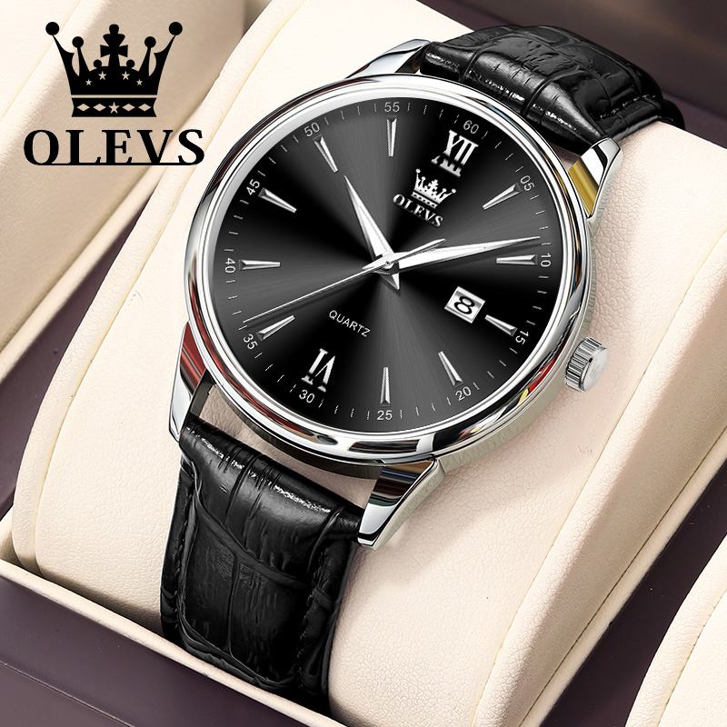 Luxury Watch Holder For Men - Olevs-メンズクォーツ防水時計,ビジネス,レザーストラップ,クラシック,超薄型,6.5mm,日付ダイヤル,高級ブランド,ファッショナブル
