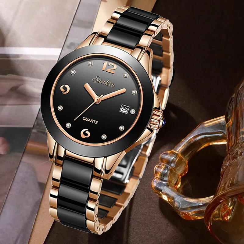 Ladies Luxury Watch - LIGE Sunkta ファッションエレガントな女性用腕時計カジュアル高級セラミック防水レディース時計自動日付ドレスクォーツ女性用腕時計 + ボックス