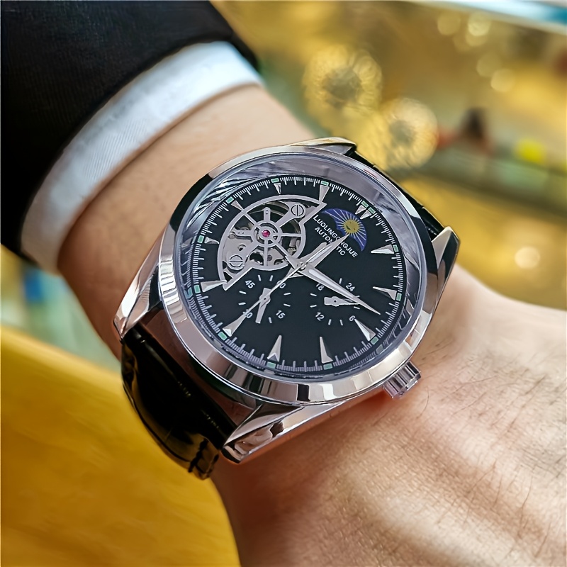 Luxury Watch Name Brands - 高級高級ビジネスメンズ機械式時計、スケルトンデザイン、自動巻き、レザーストラップ、ハーフムーンダイヤル、ヨーロッパとアメリカのスタイル、ファッショナブル、カジュアル、多用途、ユニークな社交家メンズウォッチ、ギフトに最適、ブランド時計
