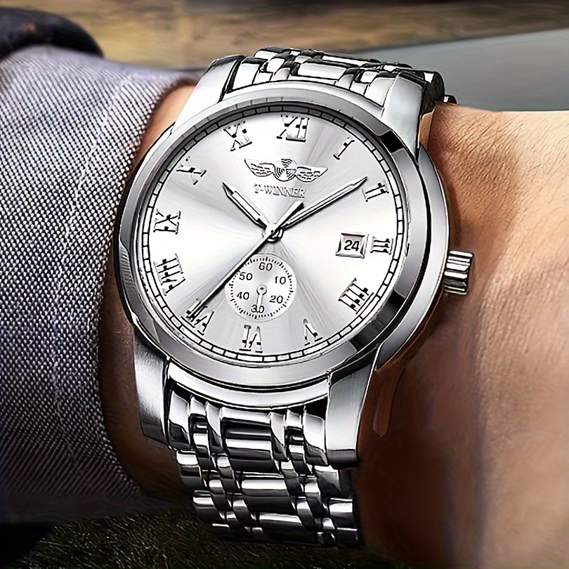 男性用高級機械式時計、スケルトンスチールバンド、カレンダー、 - Luxury Watch Name Brands のレビューと価格